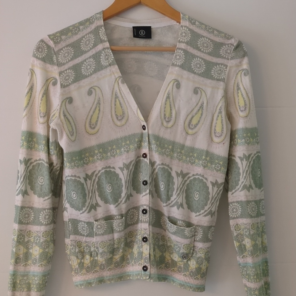 Bogner lightweight cardigan painsly print pastel colors cotton cashmere Sz S